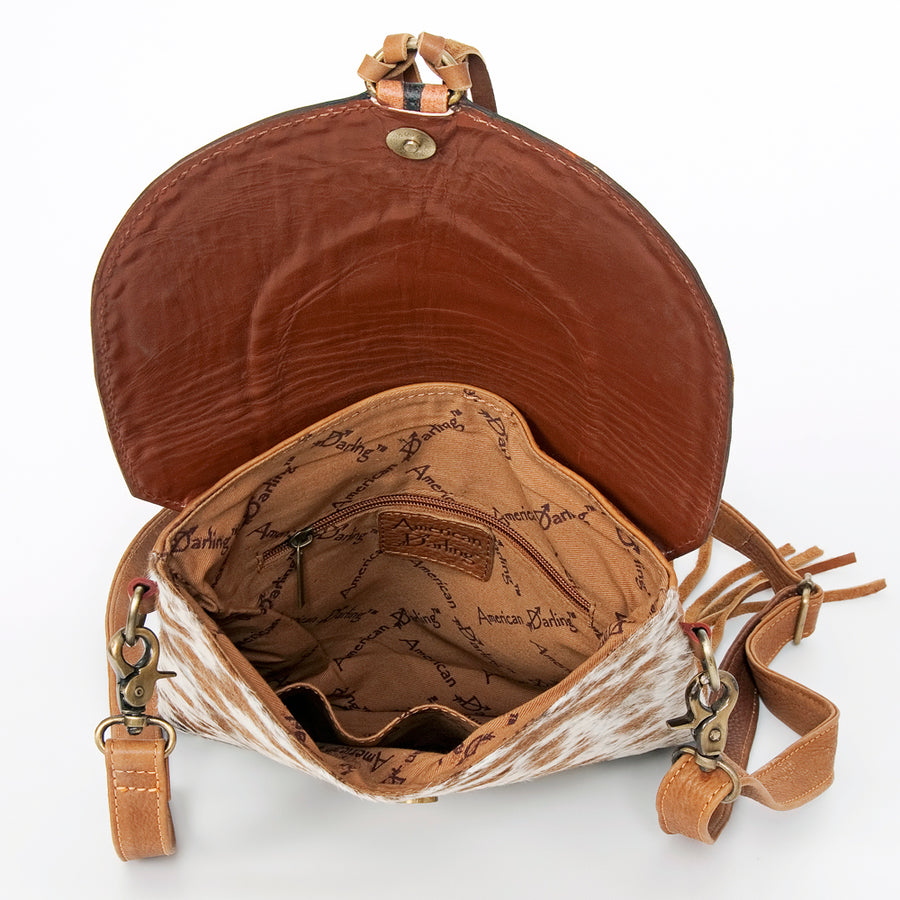 American Darling Messenger Bag Hand Tooled Floral Carved Leather Hair-On Cowhide Fringed Western Bag 10.5in x 11in