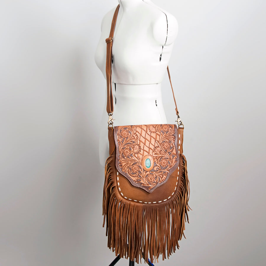 American Darling Messenger Bag Hand Tooled Floral Leather Turquoise Stone Hair-On Cowhide Fringed Bag 12in x 11in