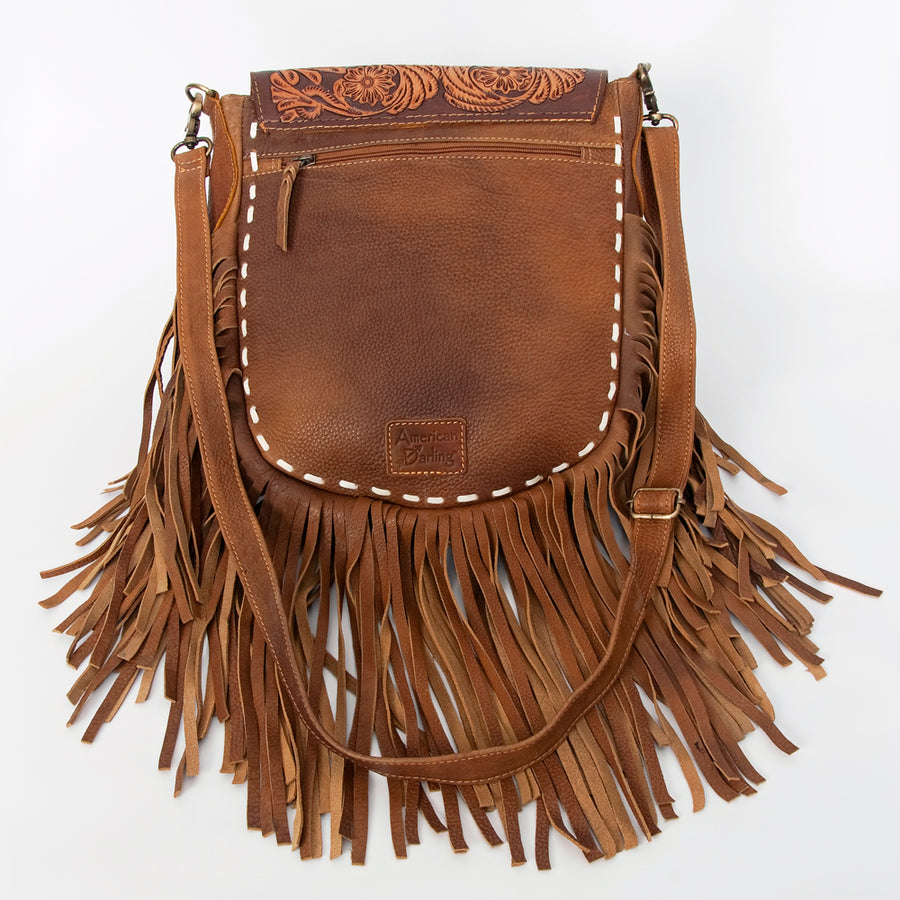 American Darling Messenger Bag Hand Tooled Floral Leather Turquoise Stone Hair-On Cowhide Fringed Bag 12in x 11in