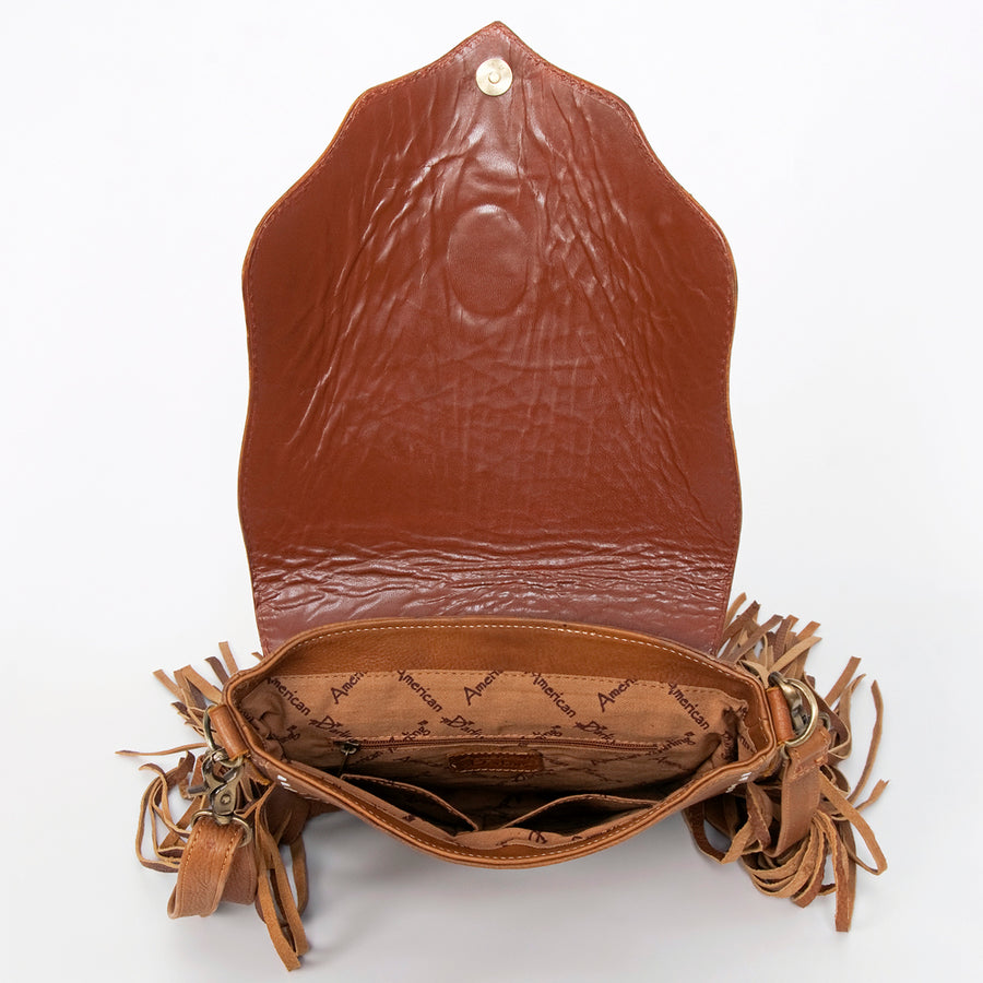 American Darling Messenger Bag Hand Tooled Floral Leather Turquoise Stone Hair-On Cowhide Fringed Bag 12in x 11in