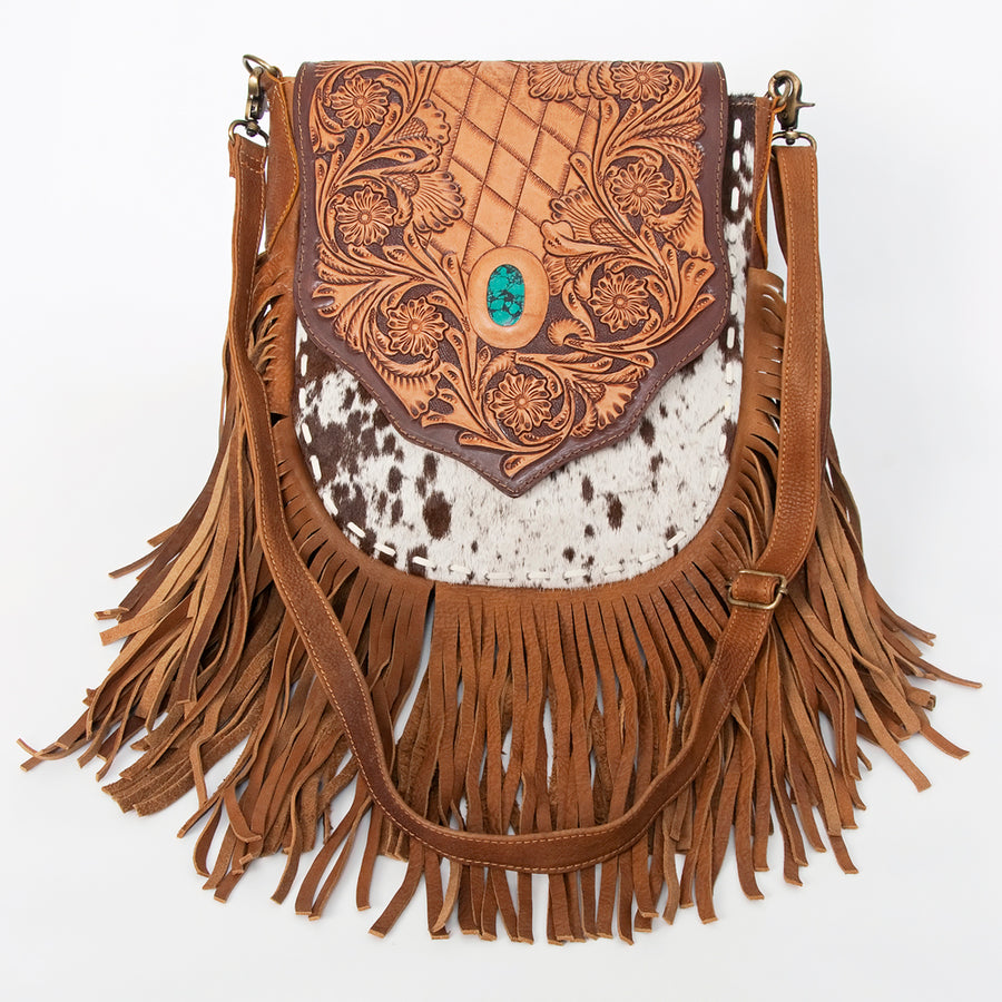 American Darling Messenger Bag Hand Tooled Floral Leather Turquoise Stone Hair-On Cowhide Fringed Bag 12in x 11in