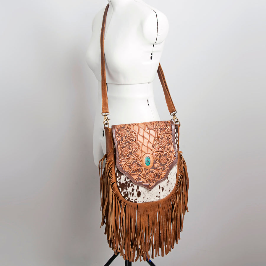American Darling Messenger Bag Hand Tooled Floral Leather Turquoise Stone Hair-On Cowhide Fringed Bag 12in x 11in