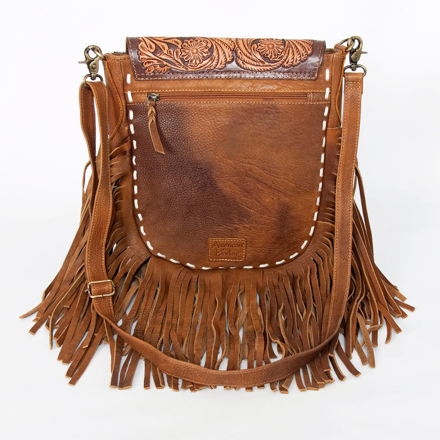 American Darling Messenger Bag Hand Tooled Floral Leather Turquoise Stone Hair-On Cowhide Fringed Bag 12in x 11in