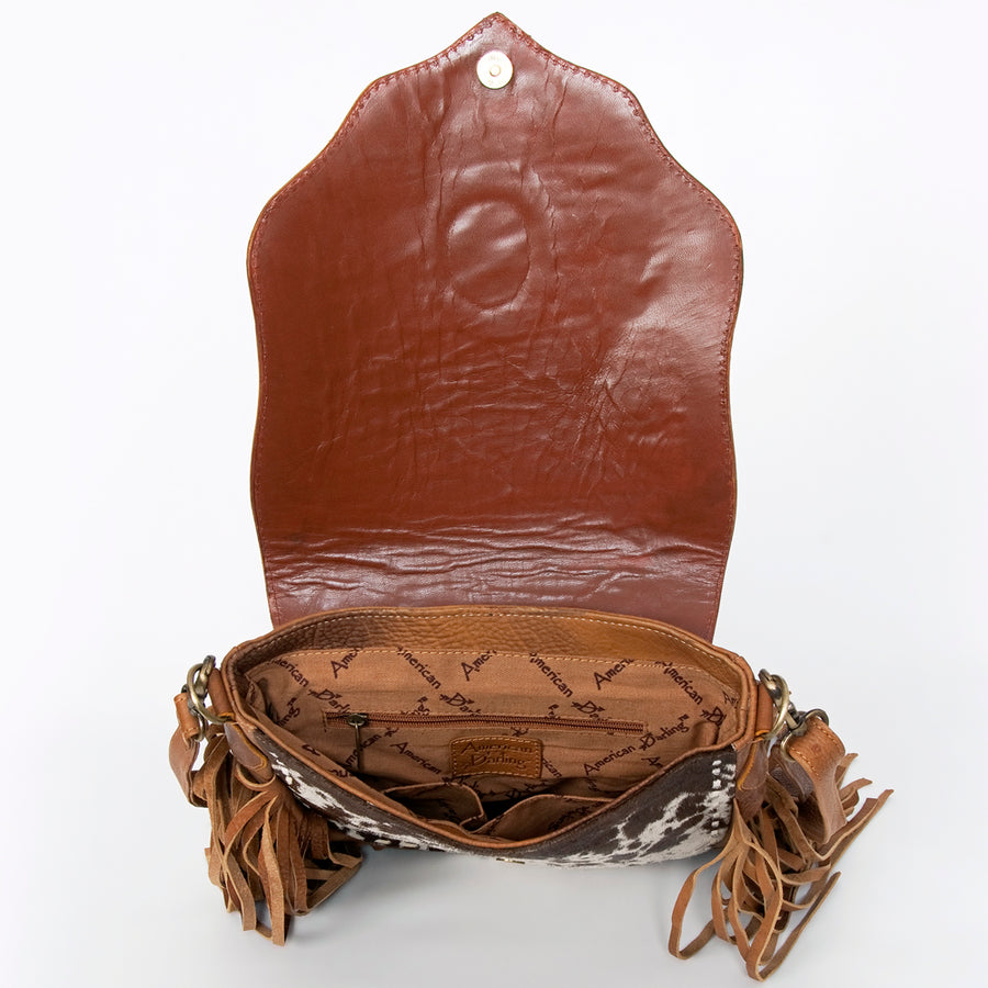 American Darling Messenger Bag Hand Tooled Floral Leather Turquoise Stone Hair-On Cowhide Fringed Bag 12in x 11in