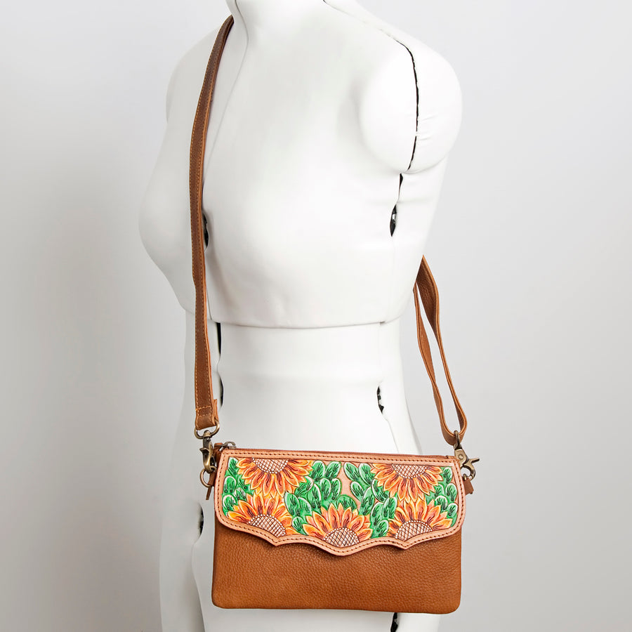 American Darling Small Cross body Bag Hand Tooled Sunflower Cactus Leather & Hair-On Cowhide Western Purse 4.5in x 7in