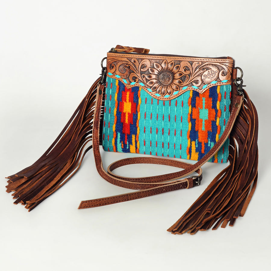 American Darling Hand-Tooled Floral Cross body Bag with Woven Saddle Blanket and Fringes - Uhorse