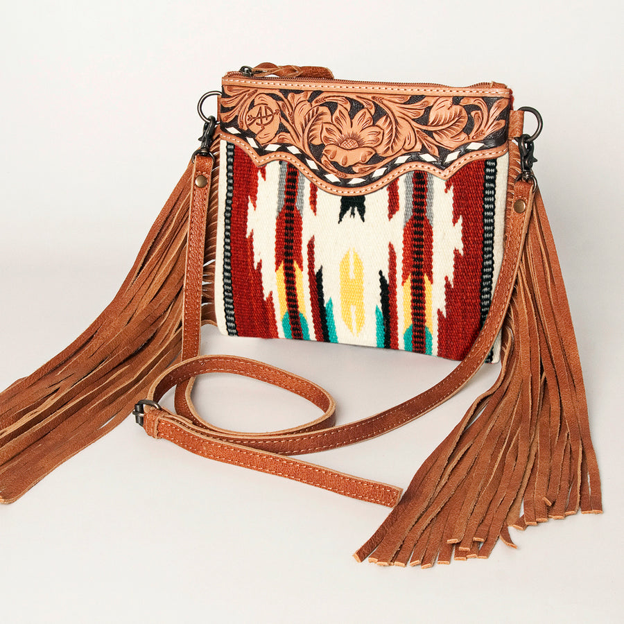 American Darling Hand-Tooled Floral Cross body Bag with Woven Saddle Blanket and Fringes - Uhorse