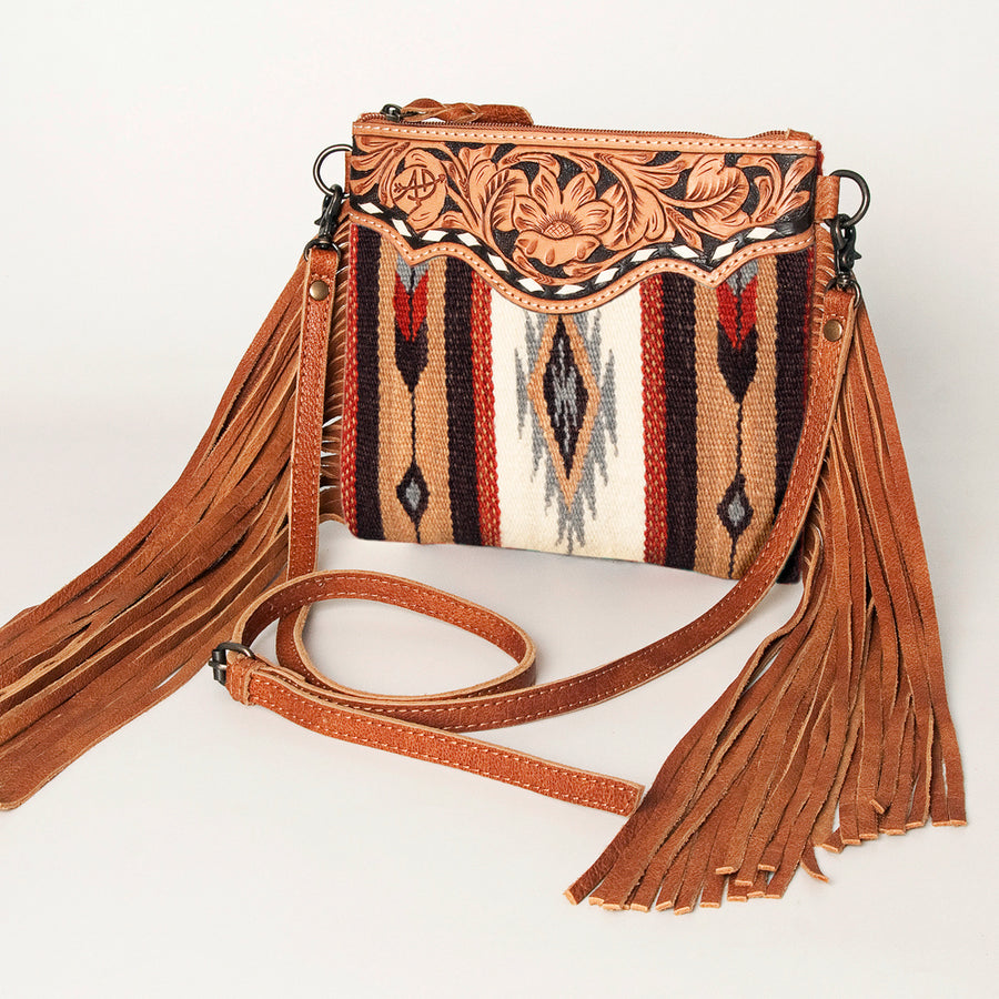 American Darling Hand-Tooled Floral Cross body Bag with Woven Saddle Blanket and Fringes - Uhorse