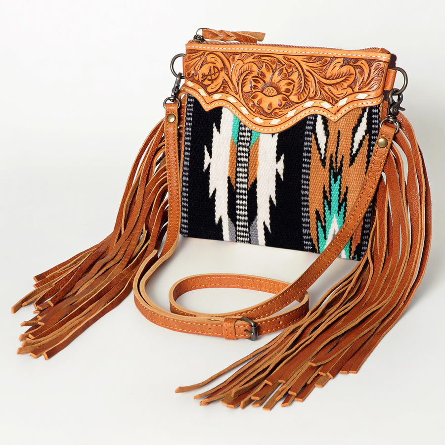 American Darling Hand-Tooled Floral Cross body Bag with Woven Saddle Blanket and Fringes - Uhorse
