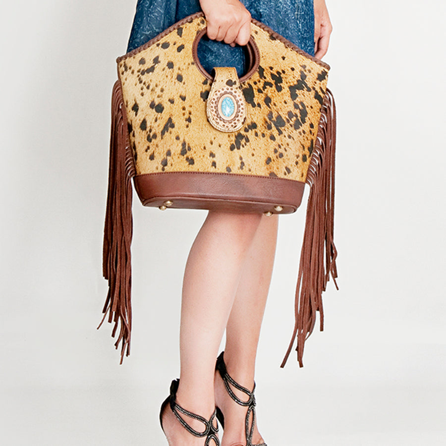 American Darling Clutch Bag, Genuine Vegetable-Tanned Leather, Hair-On Cowhide with Fringes & Turquoise Stone, Western Purse