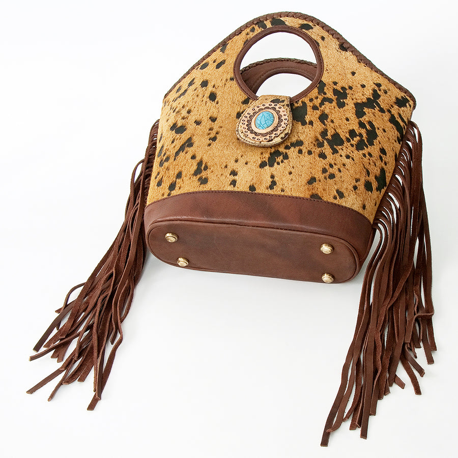 American Darling Clutch Bag, Genuine Vegetable-Tanned Leather, Hair-On Cowhide with Fringes & Turquoise Stone, Western Purse