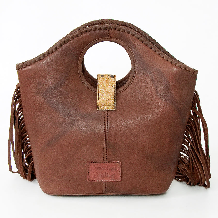American Darling Clutch Bag, Genuine Vegetable-Tanned Leather, Hair-On Cowhide with Fringes & Turquoise Stone, Western Purse