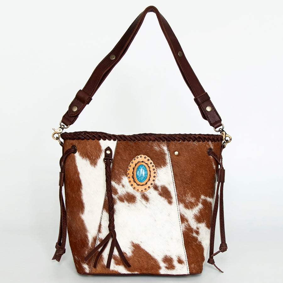 American Darling Bucket Bag, Genuine Vegetable-Tanned Leather, Braided Trim with Tassels & Turquoise, Western Handbag