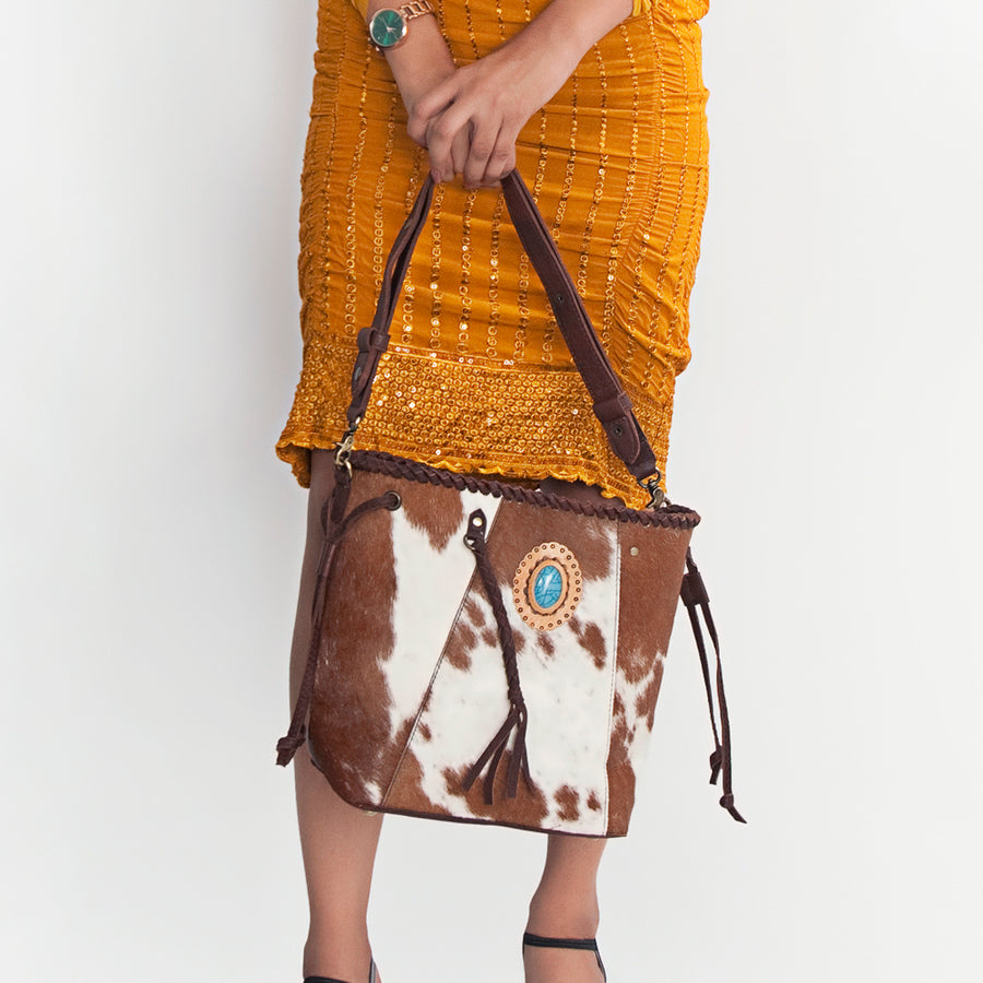 American Darling Bucket Bag, Genuine Vegetable-Tanned Leather, Braided Trim with Tassels & Turquoise, Western Handbag