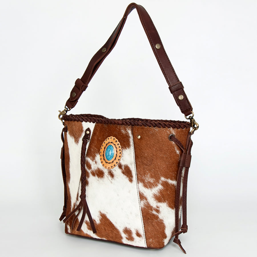 American Darling Western Leather Bucket Bag - Handcrafted Turquoise and Braided Purse - Uhorse