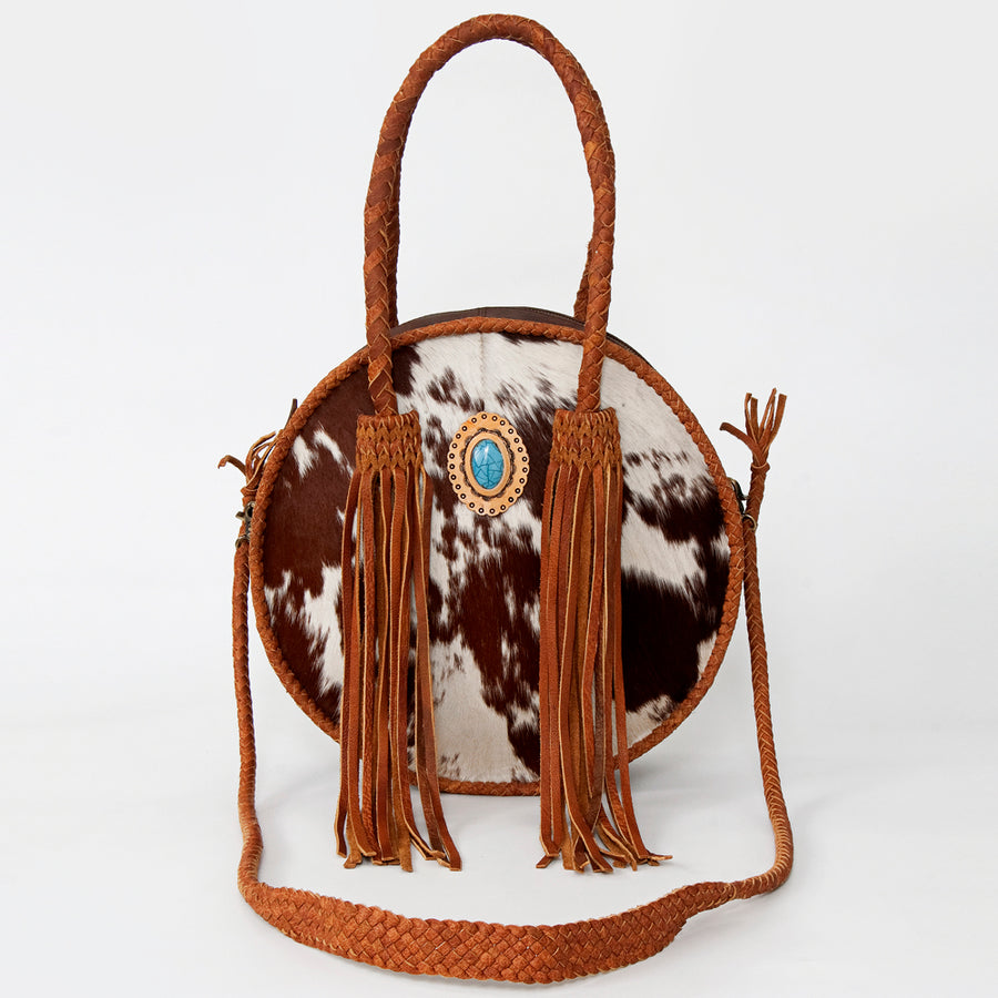 American Darling Canteen Bag, Genuine Vegetable-Tanned Leather, Hair-On Cowhide with Fringes & Turquoise, Western Purse
