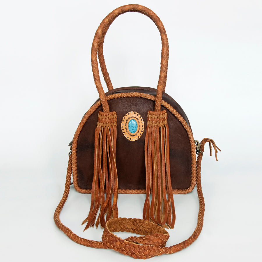 American Darling Tote Bag, Genuine Vegetable-Tanned Leather, Braided Trim with Fringes & Turquoise, Western Handcrafted Purse