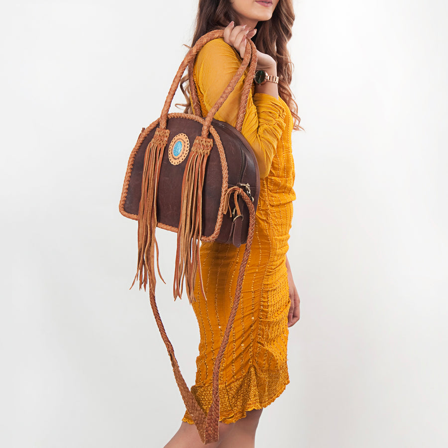 American Darling Tote Bag, Genuine Vegetable-Tanned Leather, Braided Trim with Fringes & Turquoise, Western Handcrafted Purse