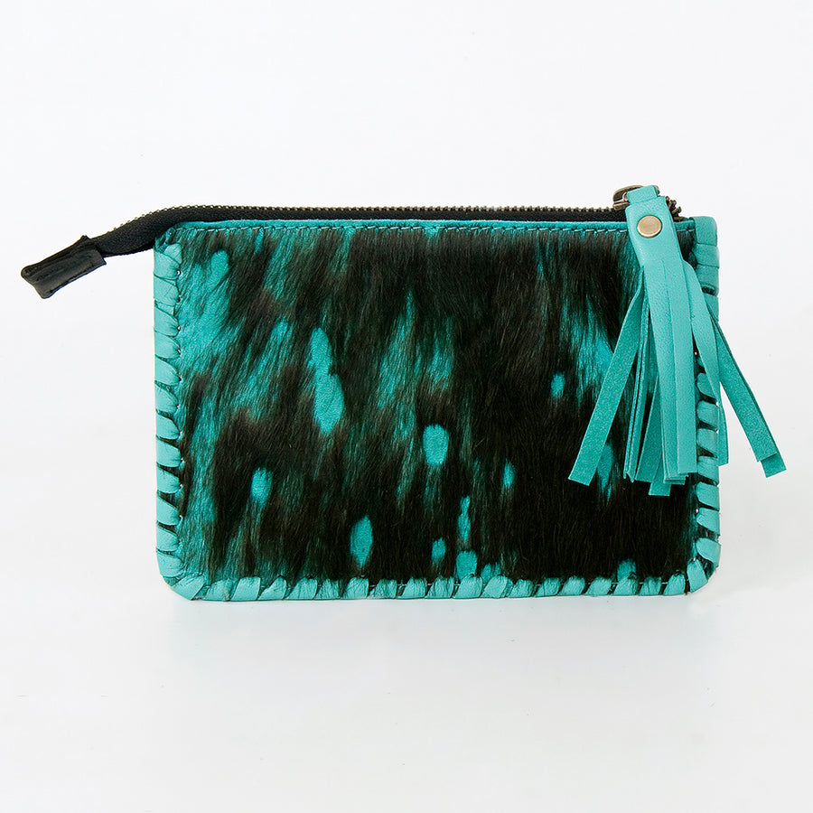 American Darling Coin Purse, Genuine Vegetable-Tanned Leather, Hair-On Cowhide with Tassels & Braided Trim, Western Pouch