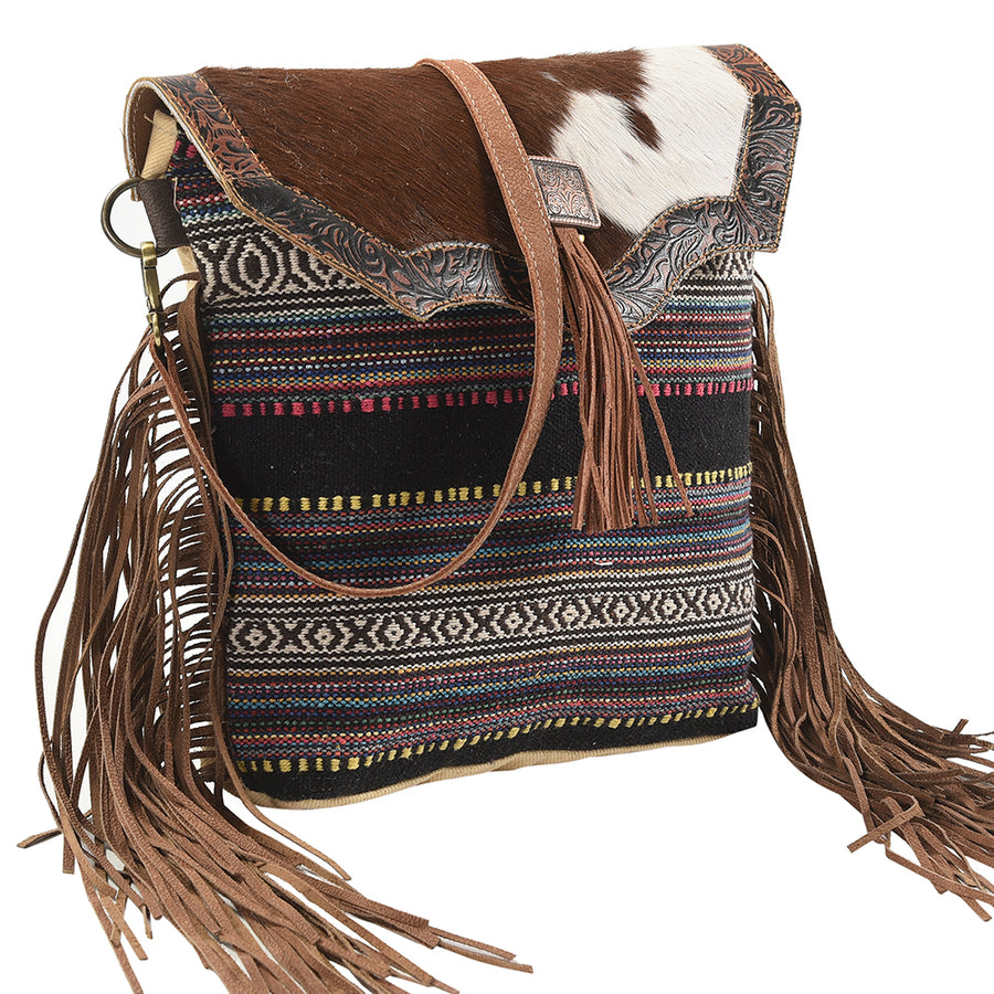 OHLAY Cross Body Upcycled Wool Canvas Embossed Hair-On Genuine Leather Women Bag Western Handbag Purse Womens Handbags