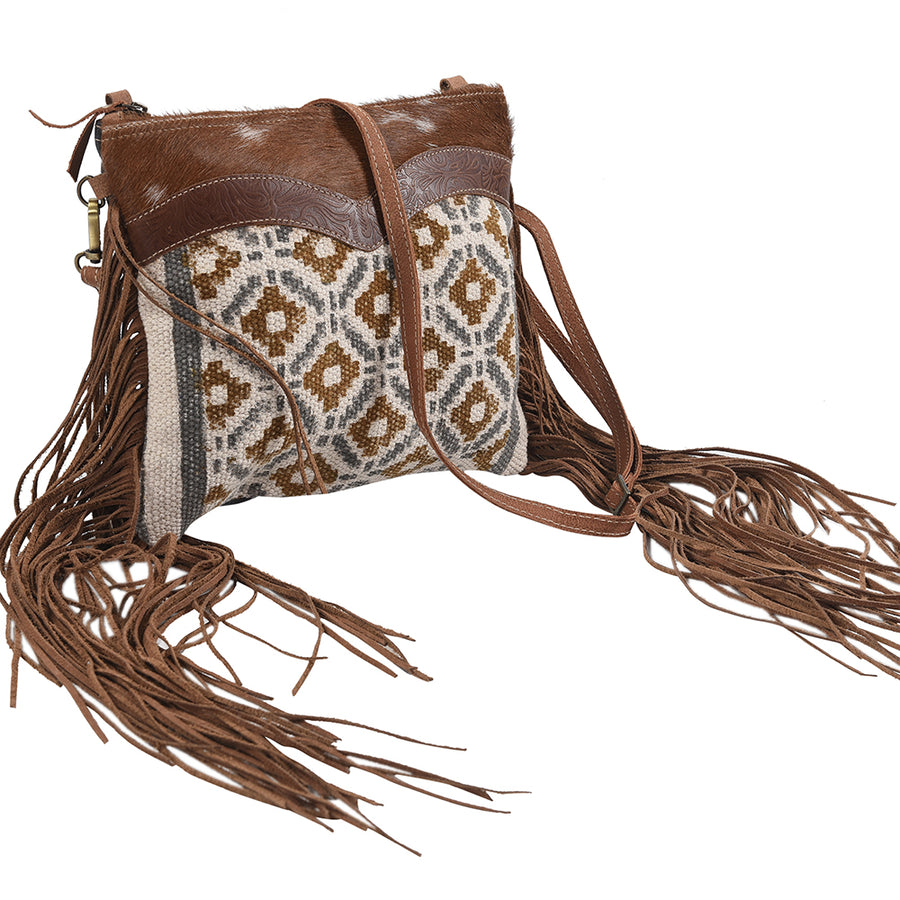OHLAY Cross Body Upcycled Wool Canvas Embossed Hair-On Genuine Leather Women Bag Western Handbag Purse Womens Handbags