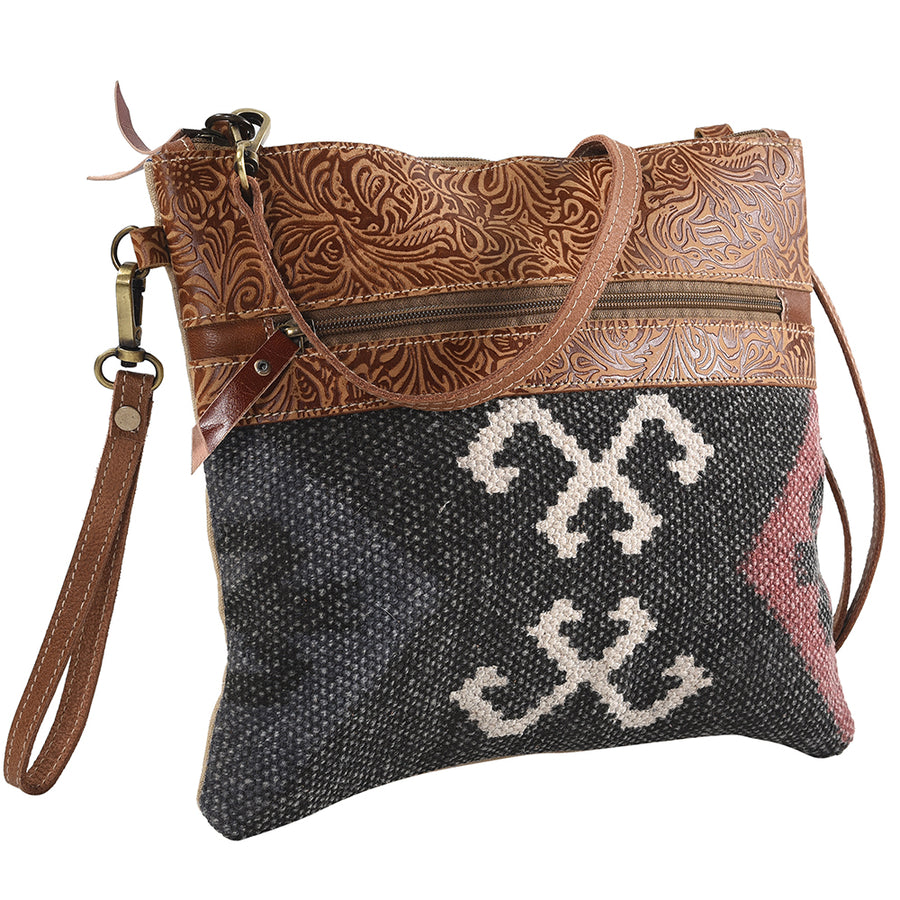OHLAY Cross Body Upcycled Wool Canvas Embossed Genuine Leather Women Bag Western Handbag Purse Womens Handbags Belt Summer