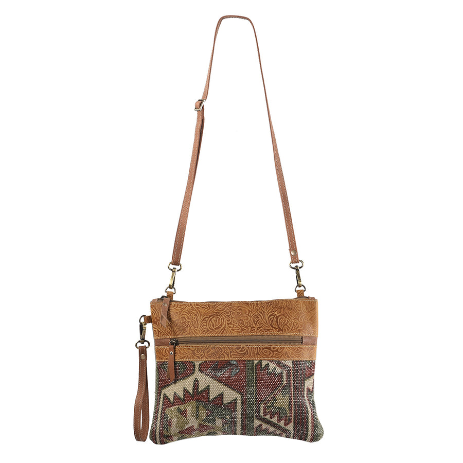 OHLAY Cross Body Upcycled Wool Canvas Embossed Genuine Leather Women Bag Western Handbag Purse Womens Handbags Belt Summer