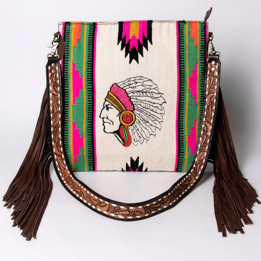 American Darling Large Cross body Bag Hand Woven Saddle Blanket Vegetable-Tanned Genuine Leather Fringes Buck Stitched