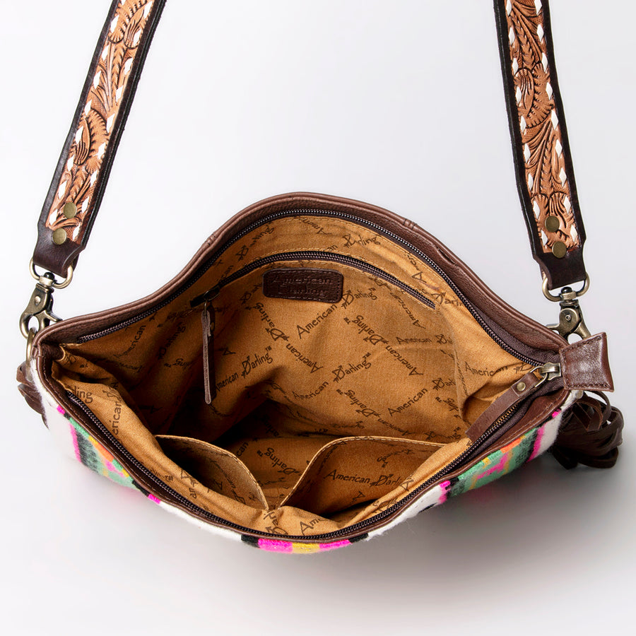 American Darling Large Cross body Bag Hand Woven Saddle Blanket Vegetable-Tanned Genuine Leather Fringes Buck Stitched