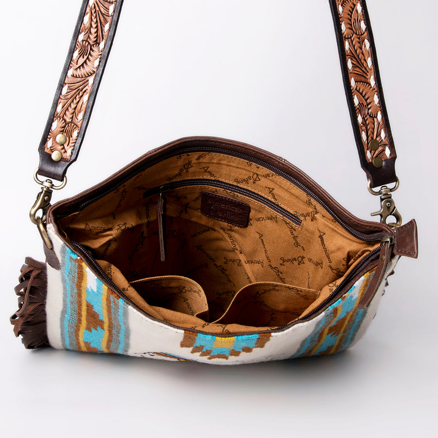 American Darling Large Cross body Bag Hand Woven Saddle Blanket Vegetable-Tanned Genuine Leather Fringes Buck Stitched
