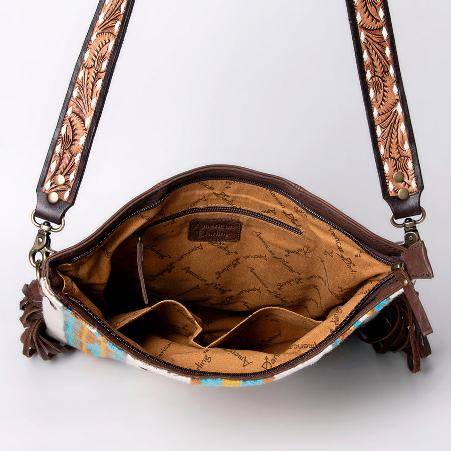 American Darling Large Cross body Bag Hand Woven Saddle Blanket Vegetable-Tanned Genuine Leather Fringes Buck Stitched