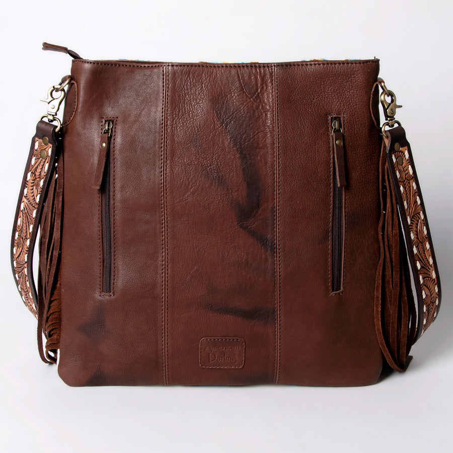 American Darling Large Cross body Bag Hand Woven Saddle Blanket Vegetable-Tanned Genuine Leather Fringes Buck Stitched
