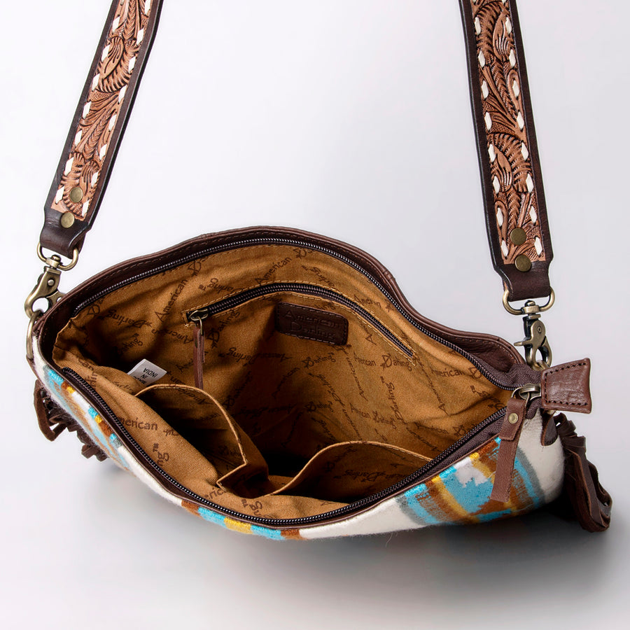 American Darling Large Cross body Bag Hand Woven Saddle Blanket Vegetable-Tanned Genuine Leather Fringes Buck Stitched