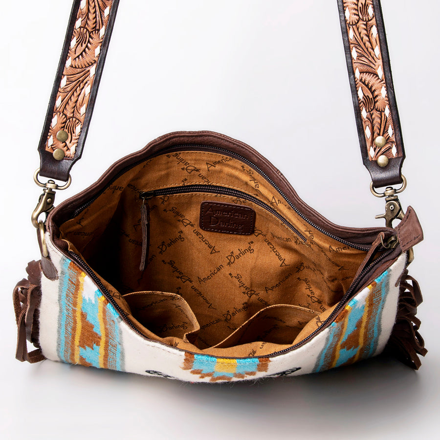 American Darling Large Cross body Bag Hand Woven Saddle Blanket Vegetable-Tanned Genuine Leather Fringes Buck Stitched