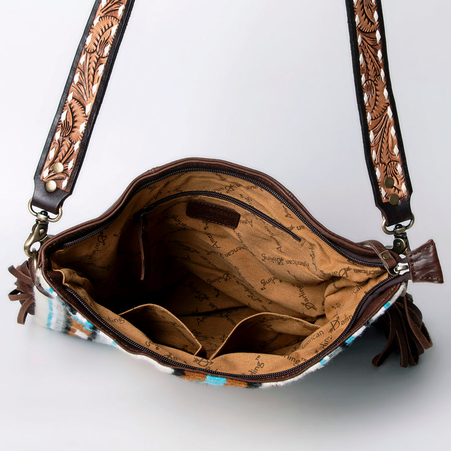 American Darling Large Cross body Bag Hand Woven Saddle Blanket Vegetable-Tanned Genuine Leather Fringes Buck Stitched