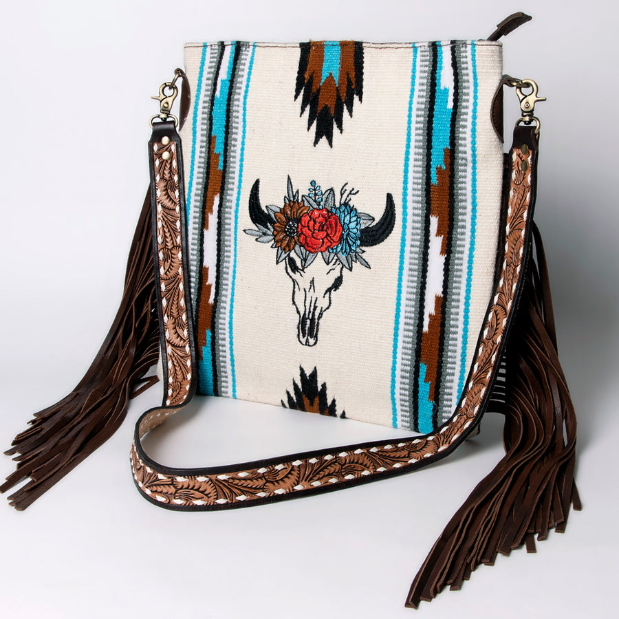 American Darling Large Cross body Bag Hand Woven Saddle Blanket Vegetable-Tanned Genuine Leather Fringes Buck Stitched