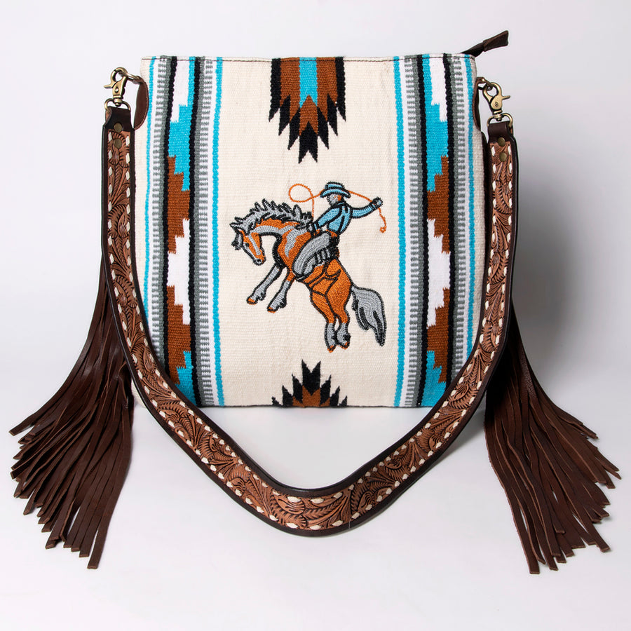 American Darling Large Cross body Bag Hand Woven Saddle Blanket Vegetable-Tanned Genuine Leather Fringes Buck Stitched