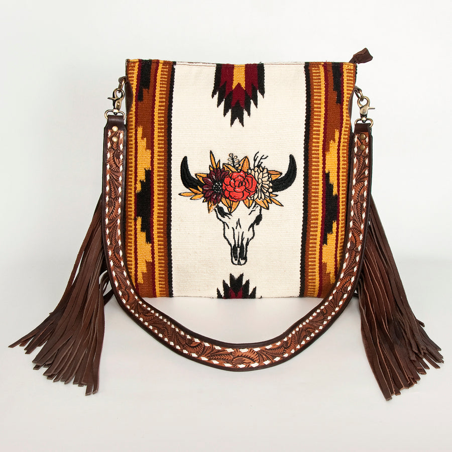American Darling Large Cross body Bag Hand-Woven Saddle Blanket Vegetable-Tanned Genuine Leather Fringes Hand Tooled