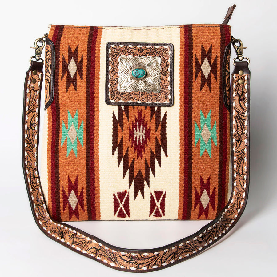 American Darling Large Cross body Bag Hand-Woven Saddle Blanket Vegetable-Tanned Genuine Leather Floral Carved Buck Stitched