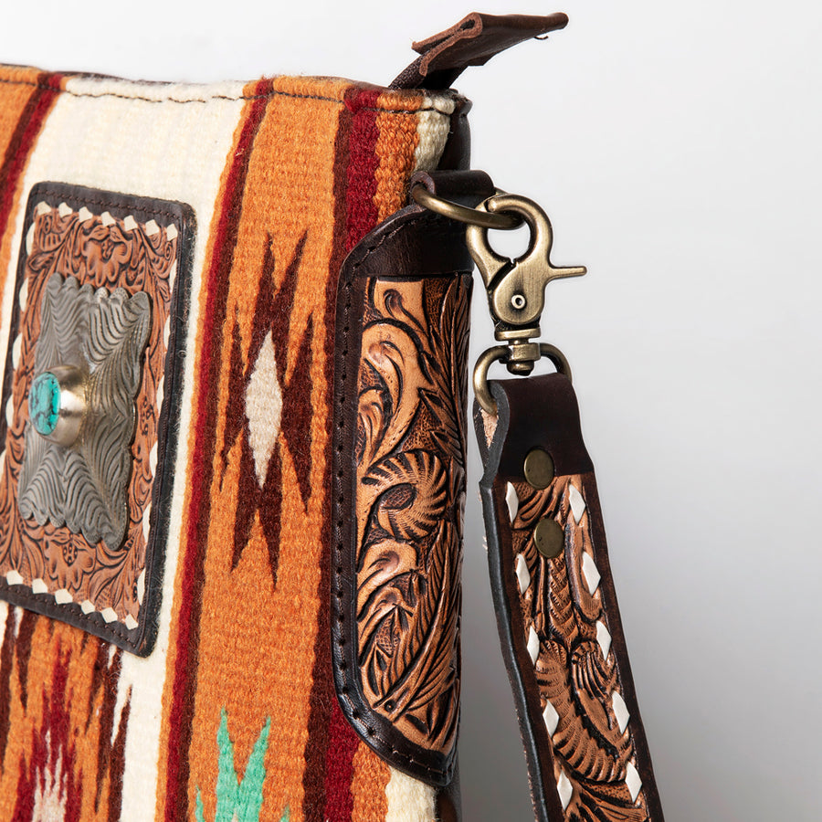 American Darling Large Cross body Bag Hand-Woven Saddle Blanket Vegetable-Tanned Genuine Leather Floral Carved Buck Stitched