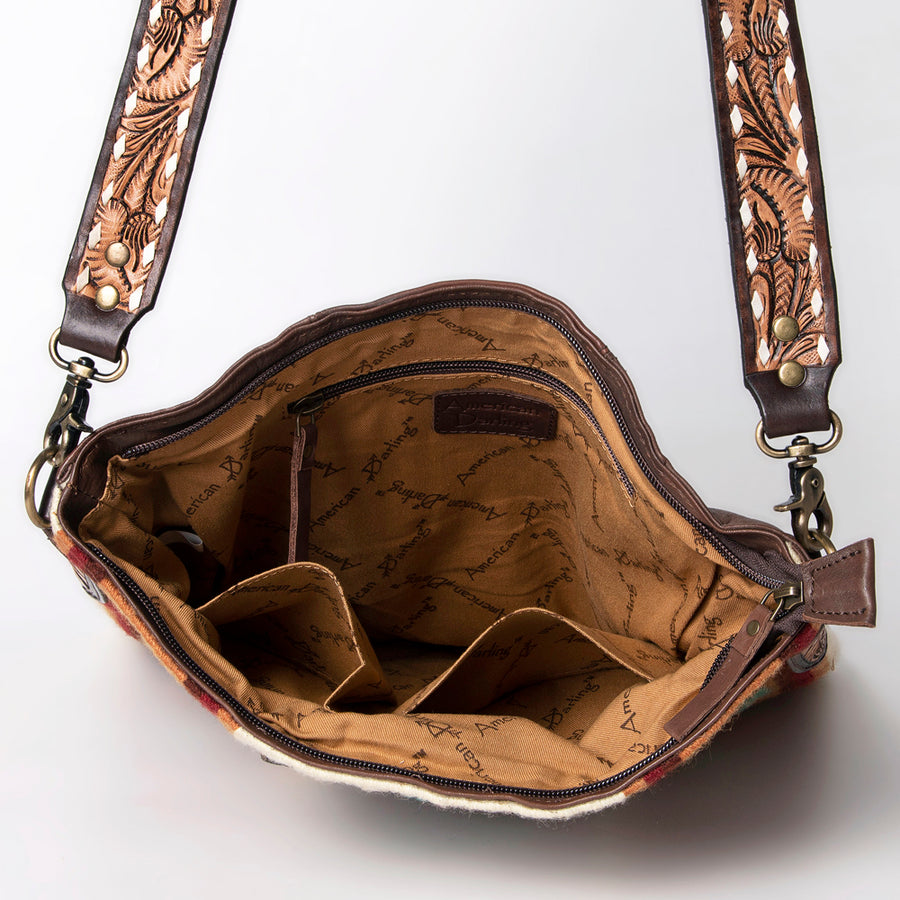 American Darling Large Cross body Bag Hand-Woven Saddle Blanket Vegetable-Tanned Genuine Leather Floral Carved Buck Stitched