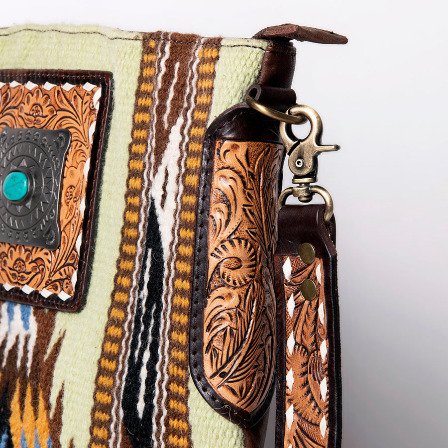 American Darling Large Cross body Bag Hand-Woven Saddle Blanket Vegetable-Tanned Genuine Leather Floral Carved Buck Stitched