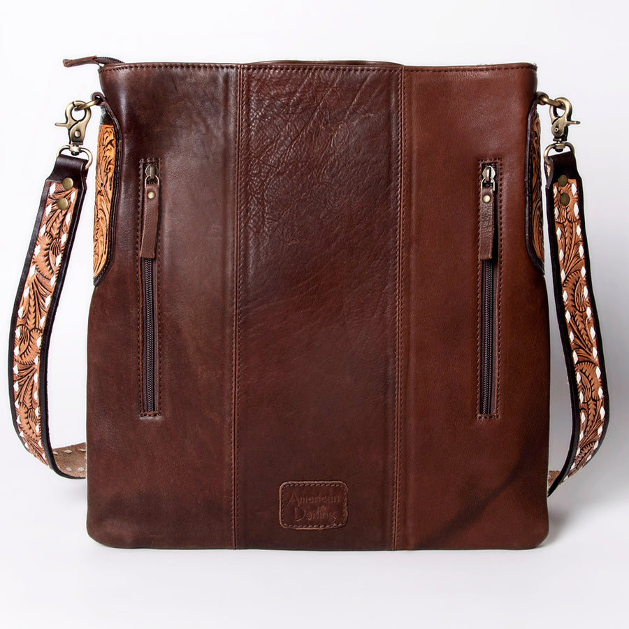 American Darling Large Cross body Bag Hand-Woven Saddle Blanket Vegetable-Tanned Genuine Leather Floral Carved Buck Stitched
