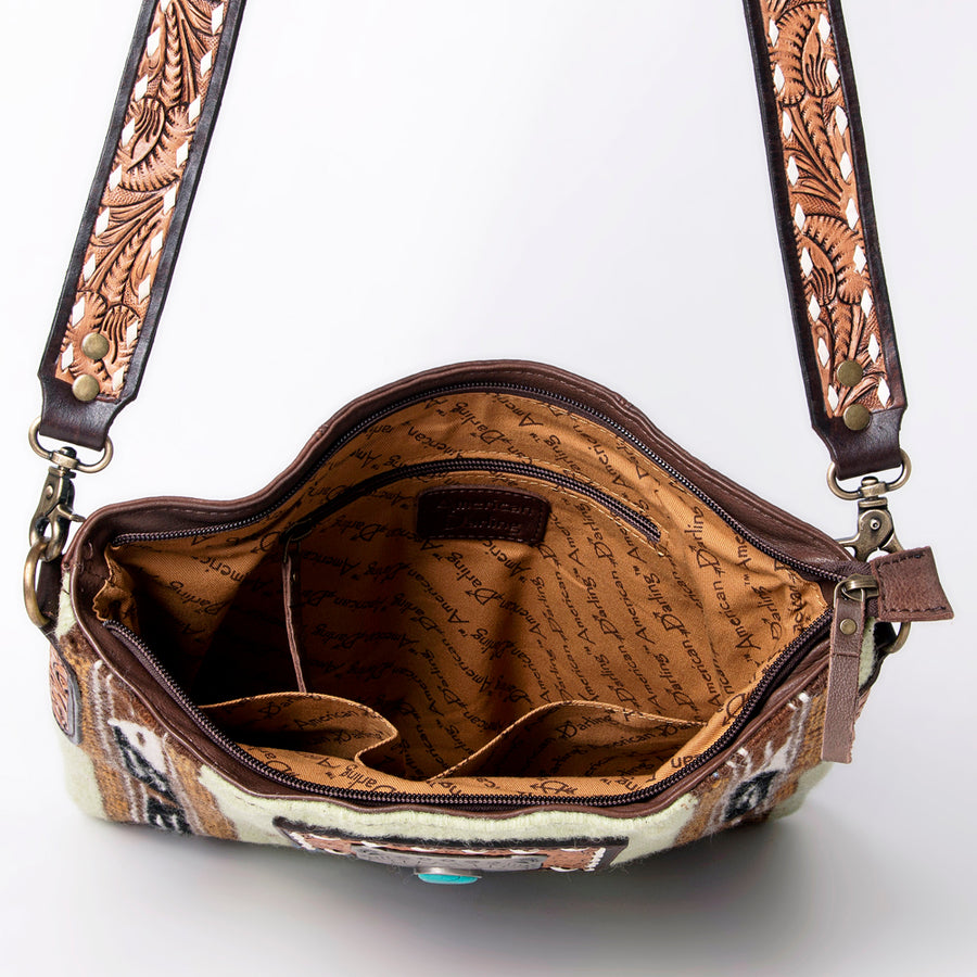 American Darling Large Cross body Bag Hand-Woven Saddle Blanket Vegetable-Tanned Genuine Leather Floral Carved Buck Stitched