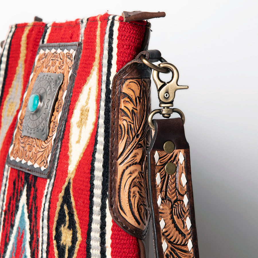 American Darling Large Cross body Bag Hand-Woven Saddle Blanket Vegetable-Tanned Genuine Leather Floral Carved Buck Stitched