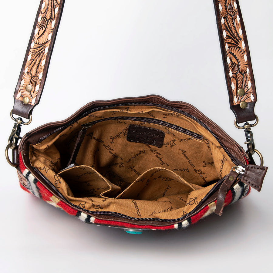 American Darling Large Cross body Bag Hand-Woven Saddle Blanket Vegetable-Tanned Genuine Leather Floral Carved Buck Stitched