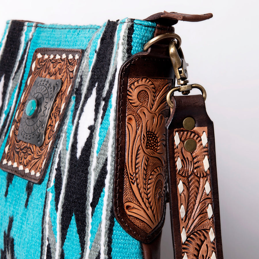 American Darling Large Cross body Bag Hand-Woven Saddle Blanket Vegetable-Tanned Genuine Leather Floral Carved Buck Stitched