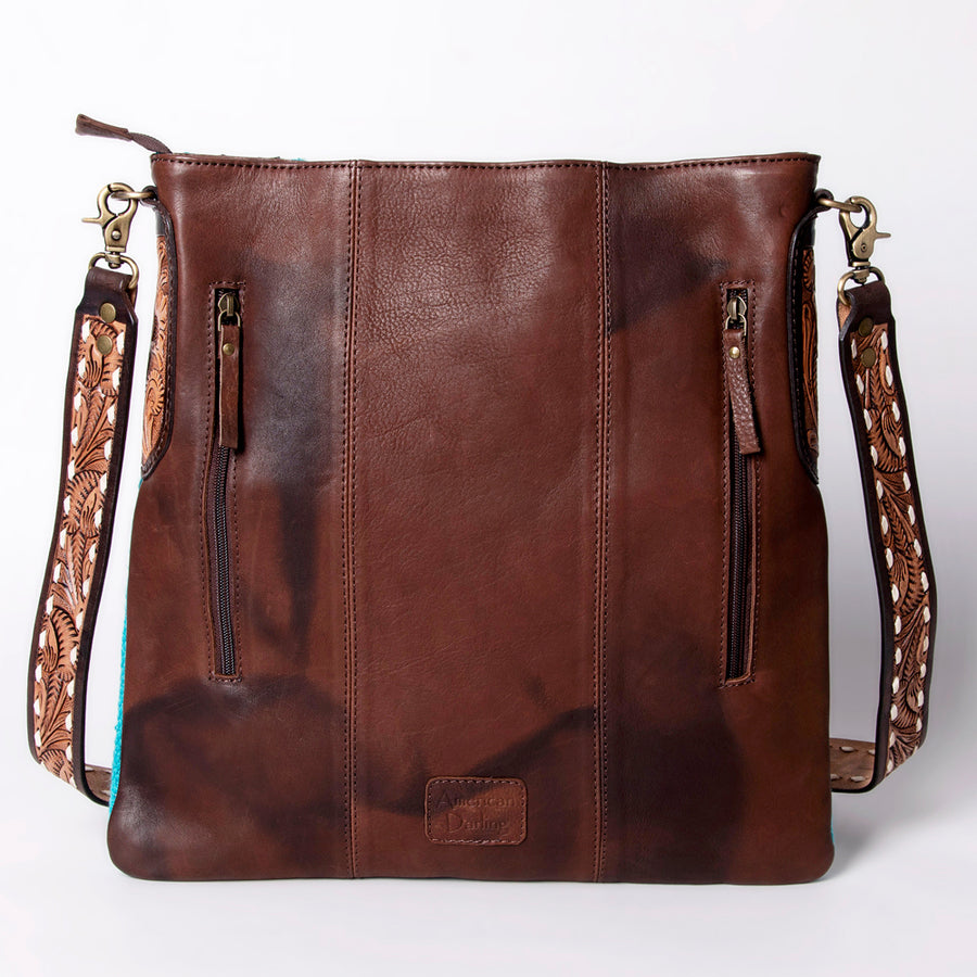 American Darling Large Cross body Bag Hand-Woven Saddle Blanket Vegetable-Tanned Genuine Leather Floral Carved Buck Stitched