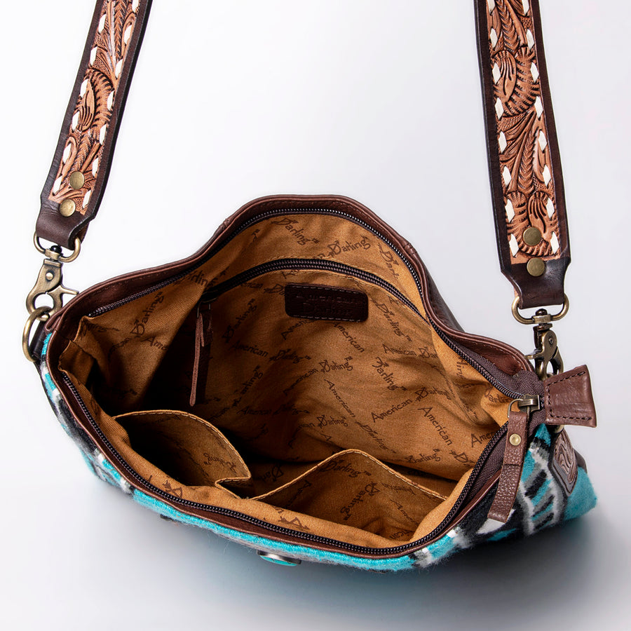 American Darling Large Cross body Bag Hand-Woven Saddle Blanket Vegetable-Tanned Genuine Leather Floral Carved Buck Stitched