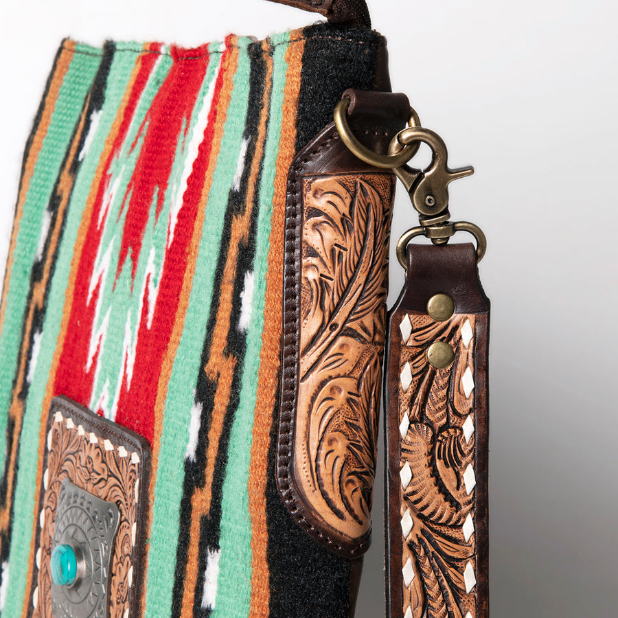 American Darling Large Cross body Bag Hand-Woven Saddle Blanket Vegetable-Tanned Genuine Leather Buck Stitched Turquoise Concho